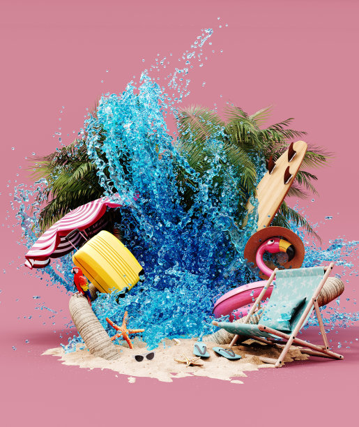 模拟夏天的背景与海滩配件和大的蓝色海浪。图片下载