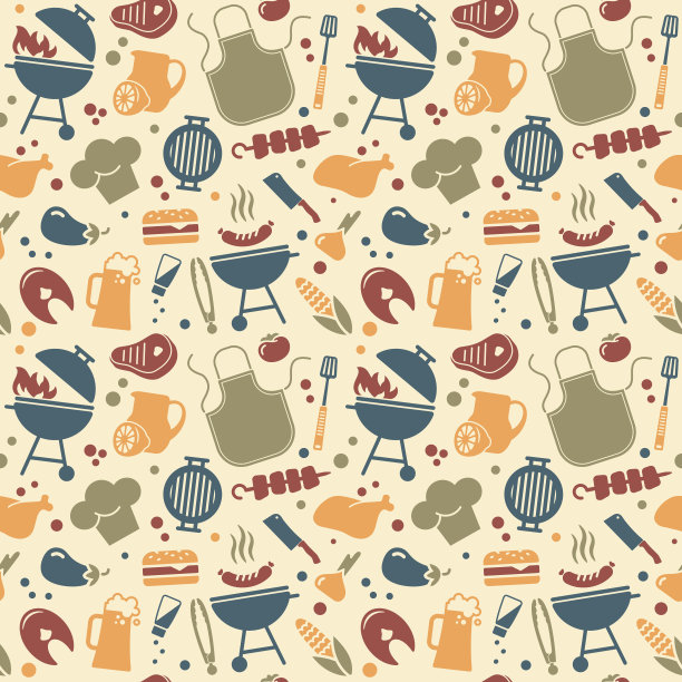 烧烤和烧烤相关的平面矢量背景。无缝模式图片下载