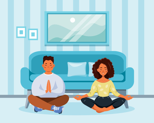 一对非裔美国夫妇在客厅里以莲花姿势冥想图片下载