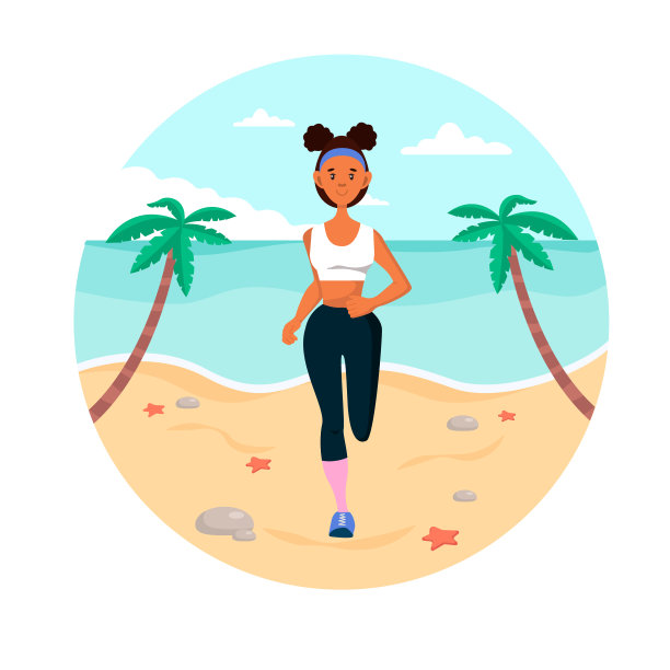 一个年轻漂亮的非裔美国女人在海边跑步。健身、运动和保健的概念。爱运动的女人是卡通人物。图片下载