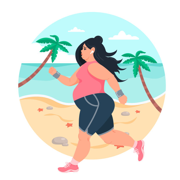 一个肥胖的女人正在沙滩上慢跑减肥图片下载