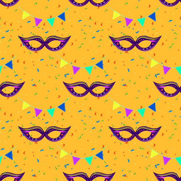 节日无缝背景与狂欢节面具和黄色背景上的五彩纸屑。图片下载