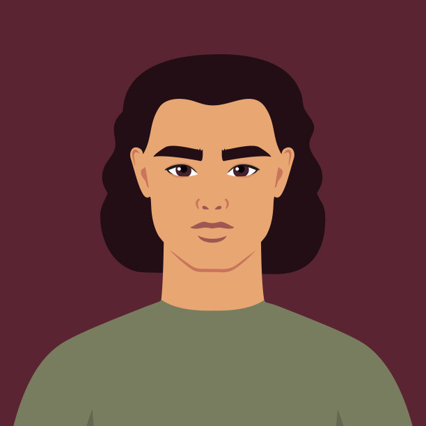 卷发的年轻人肖像。抽象的人或学生。全脸抽象的男性形象在平面风格。矢量艺术图片下载