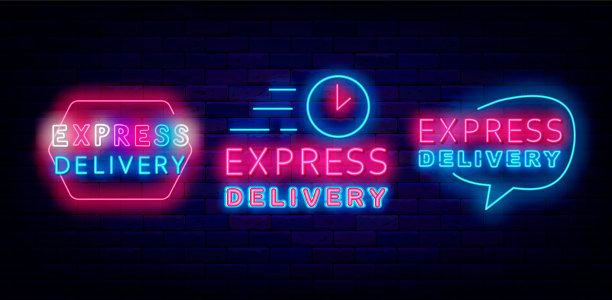 快递霓虹标签收集。闪亮的广告。演讲泡沫。时钟速度。矢量股票插图图片下载