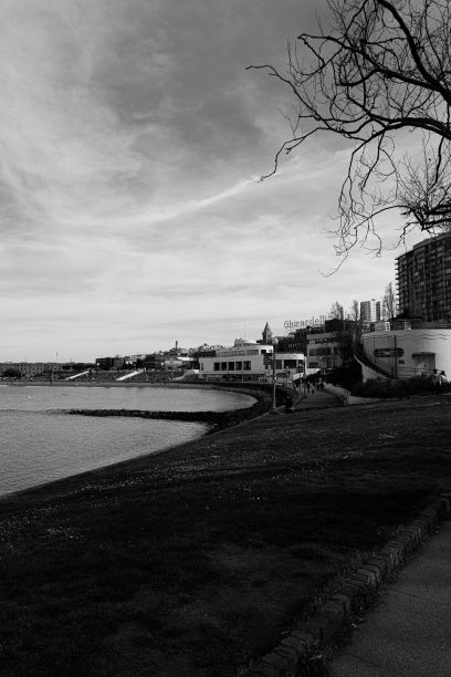 加州旧金山Ghirardelli广场的灰度图，俯瞰海滩图片下载