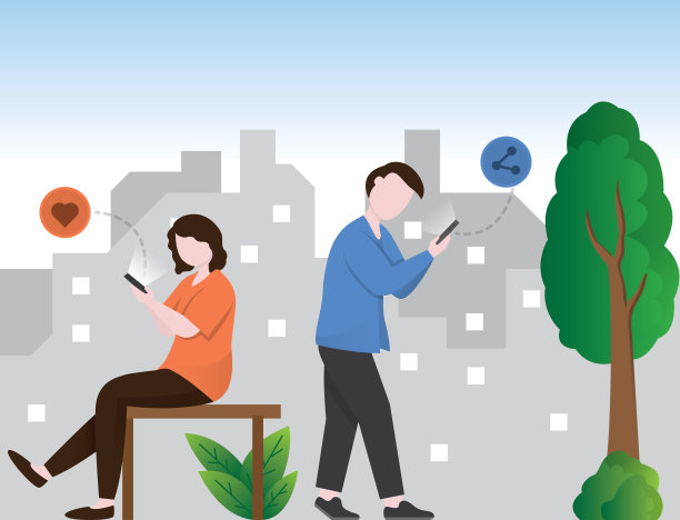 人们使用智能手机与社交媒体成瘾，城市城市景观背景，分享和喜欢的图标图片下载