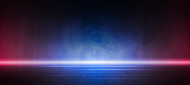 舞台表演，深蓝色和红色一个空旷的黑暗场景，激光束，霓虹灯，射灯反射在沥青地板上，工作室房间与抽象的烟雾漂浮，夜景的街道，城市图片下载