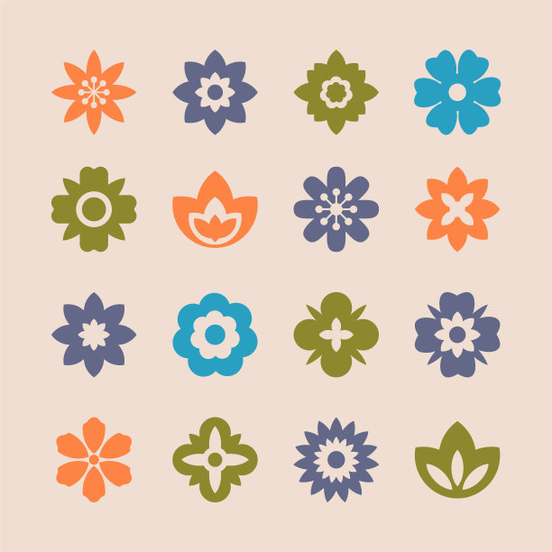 Groovy的花。平面花图标集。复古的70年代矢量隔离元素。图片下载