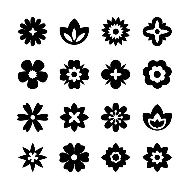 平面黑色花朵图标集。简单的花朵轮廓。图片下载