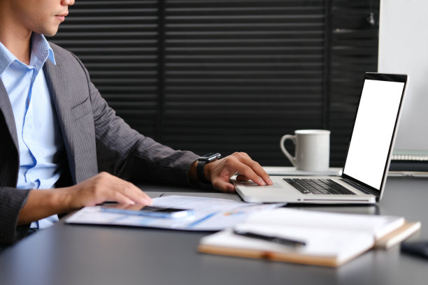 商人在工作场所处理财务文件和使用笔记本电脑的侧视图。图片下载