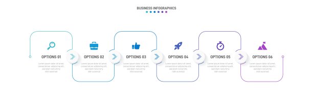 时间线信息图与信息图表。具有6种业务流程的现代表示模板。网站模板白色背景的概念现代设计。横向布局。图片下载