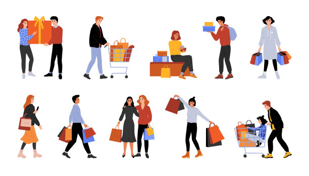 人们在零售店购物。拿着袋子和手推车的买家。购买物品的人。商场大甩卖的女人。有天赋的人。情侣携带礼物。朋友买衣服。矢量购物字符集图片下载