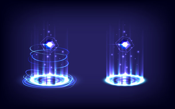 GUI和UI虚拟现实。射线舞台展示。传送门和全息影像科学的未来。高科技舞台在发光HUD投影仪。魔幻游戏中的魔法门。圆传送讲台。展示的产品图片下载