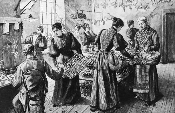 妇女们把她们的家庭作业装在篮子里带到车间的制篮工那里图片下载