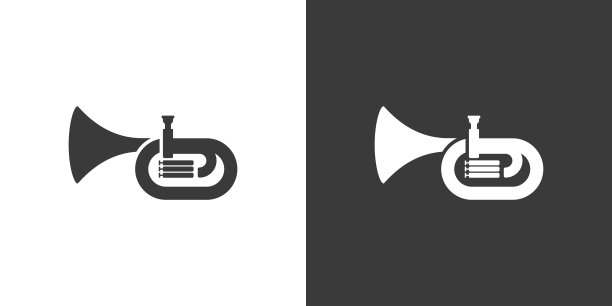 大号平面网页图标。大号标志设计。铜管乐器简单的大号标志轮廓图标与倒置的颜色。大号纯黑色图标矢量设计。乐器概念图片下载