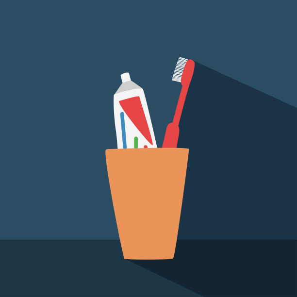 牙刷和牙膏与长阴影平面矢量插图。简单的牙刷和牙膏在一个杯子的剪贴画卡通风格手绘风格。口腔卫生概念可爱向量设计图片下载