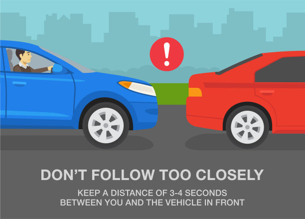 安全驾驶技巧及交通规则。蓝色suv紧跟着一辆红色轿车。在路上保持安全距离。图片下载