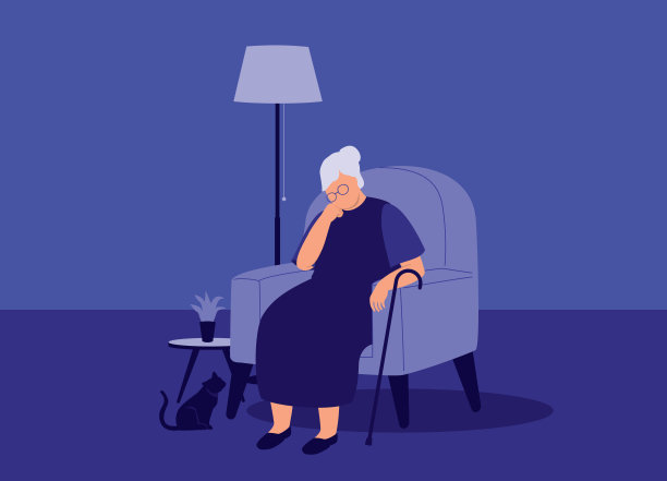 患有抑郁症的老年妇女坐在家里的沙发上。图片下载