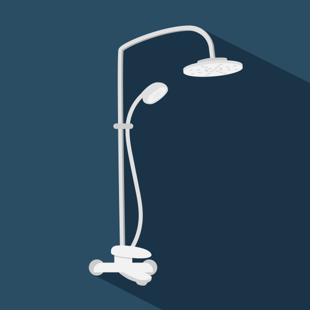 淋浴与长阴影在平面风格矢量插图。简单的淋浴头剪贴画卡通手绘涂鸦风格。可爱的矢量插图图片下载