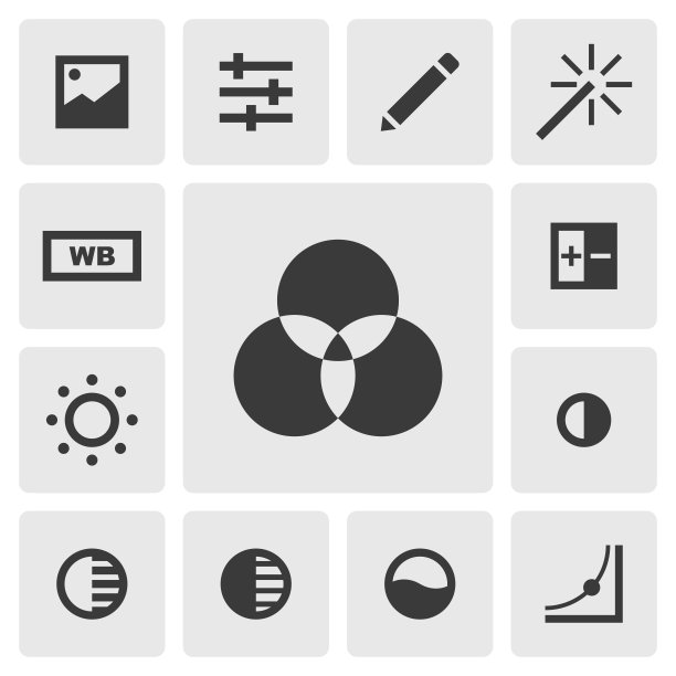 颜色或饱和度图标矢量设计。简单的照片编辑器应用程序图标轮廓，纯黑色图标。手机应用图标概念。颜色，色调，饱和度，调整，滤镜，亮度，对比度图标集图片下载