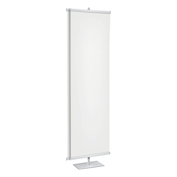 双面乙烯基横幅站现实矢量模型。垂直地板促销展示模型。贸易展览海报持有人模板图片下载