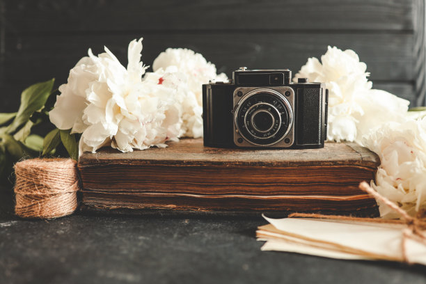 带书和新鲜牡丹的复古相机图片下载