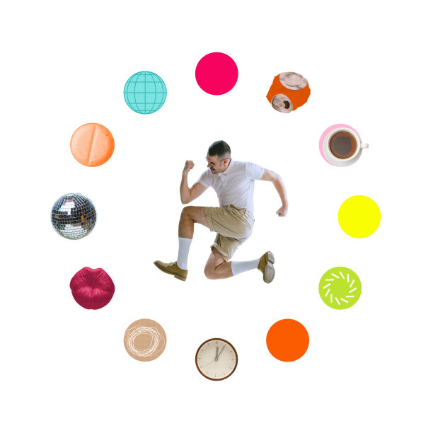 当代艺术拼贴。穿着时尚复古服装的年轻人跳过象征着生活方式各个方面的圆形图标图片下载