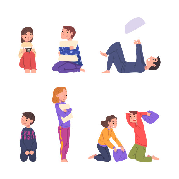 有趣的男孩和女孩在睡衣与枕头有睡眠派对矢量集图片下载