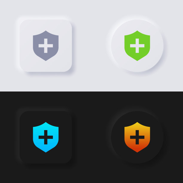 盾牌图标加符号，图标集，多色非同构按钮软UI设计的网页设计，应用程序的UI和更多，图标集，按钮，矢量。图片下载