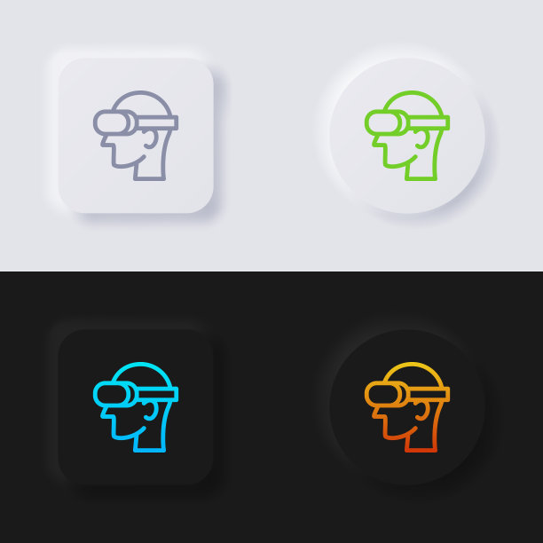 VR眼镜佩戴者按钮图标集，多色非同质按钮软UI设计，用于网页设计，应用程序UI等，按钮，矢量。图片下载