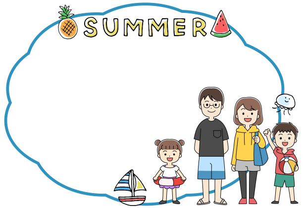 夏天的框架插图一个家庭戴着一个演讲泡泡和泳衣图片下载
