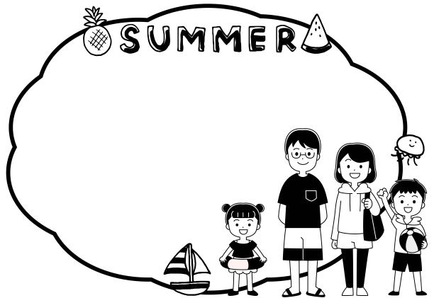 夏天的框架插图一个家庭戴着一个演讲泡泡和泳衣图片下载