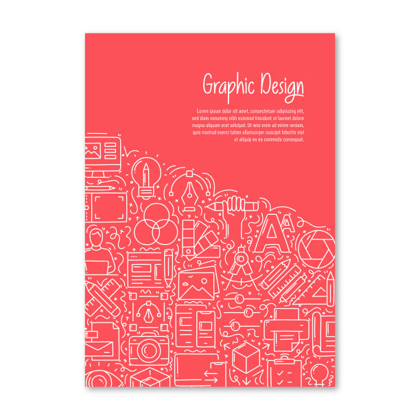 平面设计相关的对象和元素。手绘矢量涂鸦插图集合。海报，不同平面设计对象的封面模板图片下载