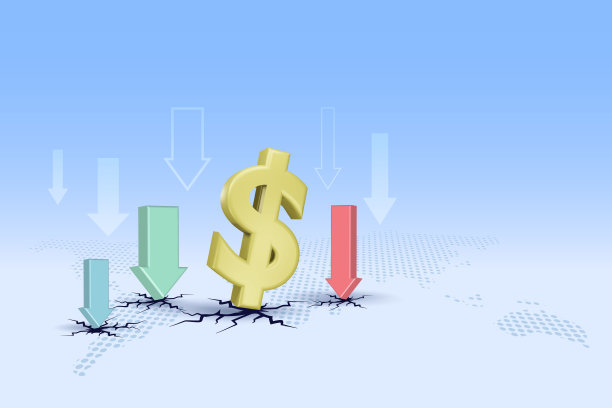 美元符号与下降图形在世界地图开裂地板。全球经济危机，美元汇率衰退。图片下载