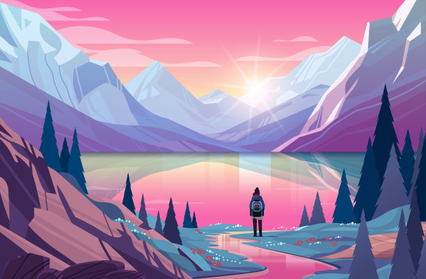 背背包的游客在山间徒步旅行，欣赏美丽的自然景观图片下载