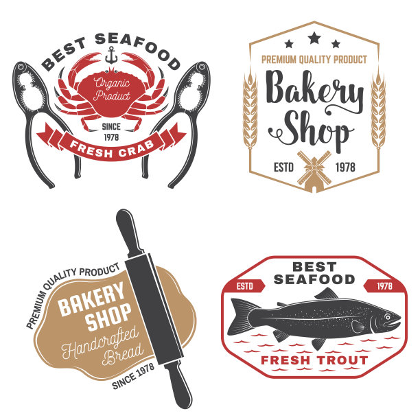 一套面包店和海鲜徽章。向量。用于会徽、招牌、徽章、衬衫、餐厅菜单上的擀面杖、风车、麦穗、金枪鱼、鳟鱼、虾、章鱼、蟹、贻贝和蛤蜊。图片下载