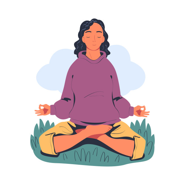 年轻女子坐在荷花上，在大自然中沉思。冥想练习，和谐，健康的生活方式卡通矢量插图图片下载