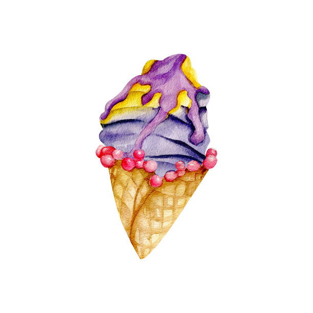 冰淇淋水彩插图。五颜六色的冰淇淋，顶部有华夫蛋筒图片下载