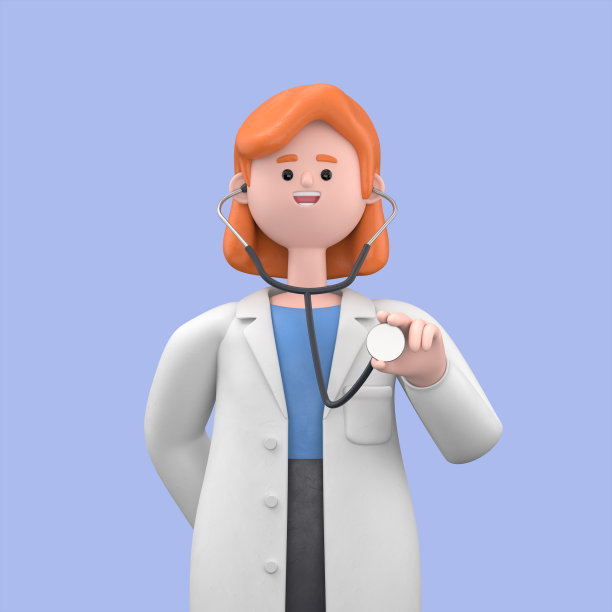 女医生Nova手持听诊器的3D插图。在蓝色背景上隔离的医学演示剪贴画图片下载