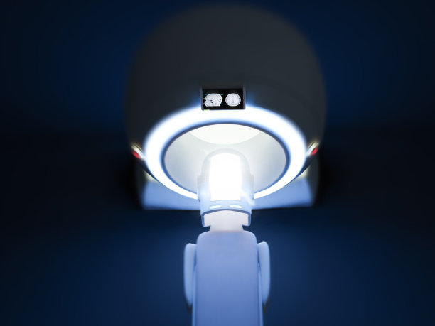 MRI扫描仪的俯视图-磁共振成像设备在医院的三维渲染。医疗设备和卫生保健背景。图片下载