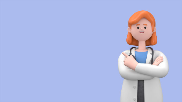 女医生新星的3D插图显示你的方式，指着他的手指空的复制空间的广告。最小的风格。在蓝色背景上隔离的医学演示剪贴画图片下载