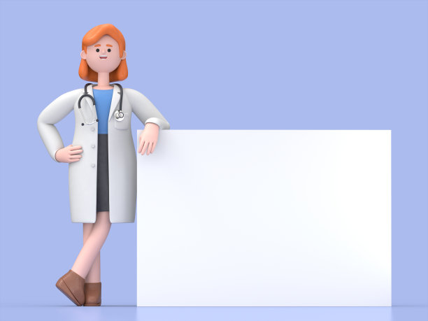 女博士新星站在他的身体靠在白色白板的3D插图。卡通人物的肖像站着，身体靠在展示板上，一只手臂搁在广告牌上图片下载