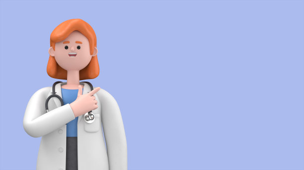 女医生新星的3D插图显示你的方式，指着他的手指空的复制空间的广告。最小的风格。在蓝色背景上隔离的医学演示剪贴画图片下载