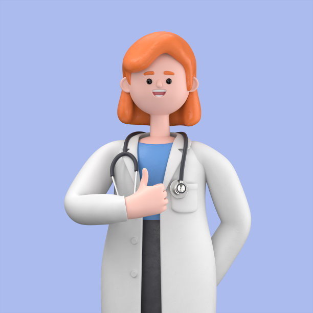 女博士Nova的3D插图显示大拇指向上。在蓝色背景上隔离的医疗剪贴画。最佳选择理念。医疗保健推荐比喻图片下载