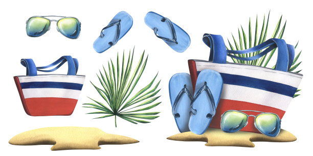 带条纹沙滩包的人字拖，戴着棕榈叶的太阳镜。水彩手绘插图。白色背景上元素的一组独立的构图。图片下载