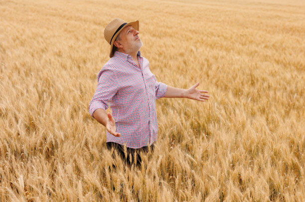 这是一幅迷人的肖像，描绘了一个快乐的农民，戴着帽子，自豪地微笑着，在一个农村农场里，他的大麦作物茂盛。图片下载