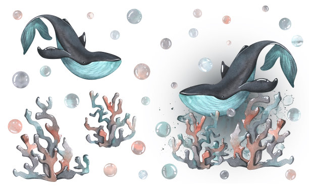 鲸鱼与珊瑚和水泡在海洋的背景。水彩插图。用于印刷品，贴纸，明信片，海报的设计。白色背景上的一组孤立的元素。图片下载