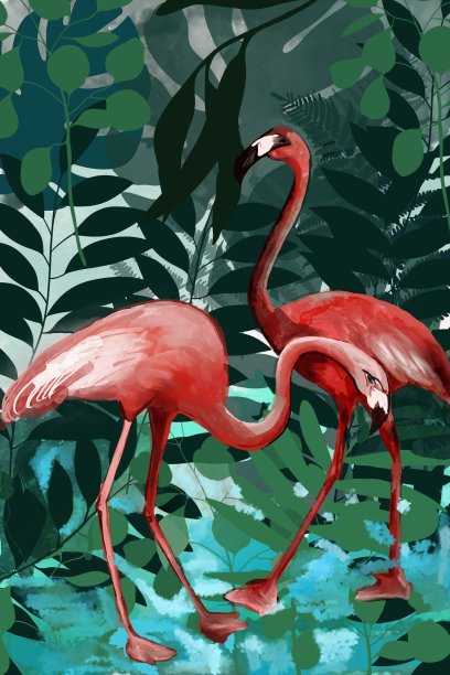 红色火烈鸟在丛林大树叶周围的插图图片下载