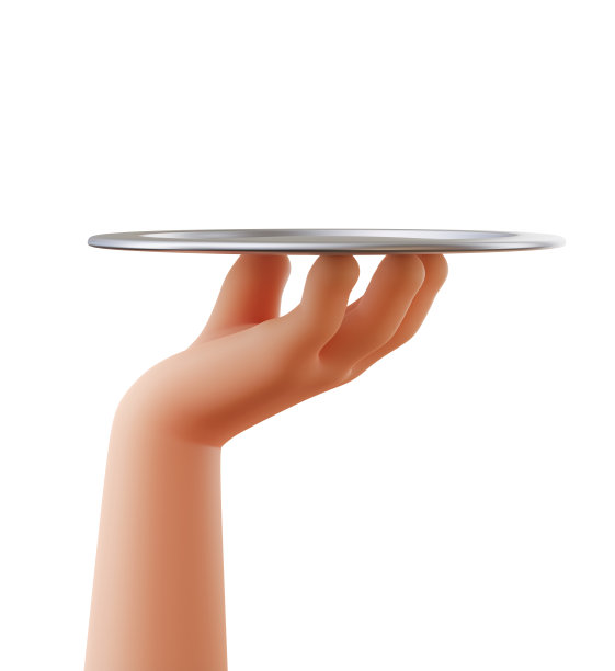 服务员托盘托盘由卡通手在白色背景隔离。圆形金属银盘。餐饮、广告模板。三维渲染图图片下载