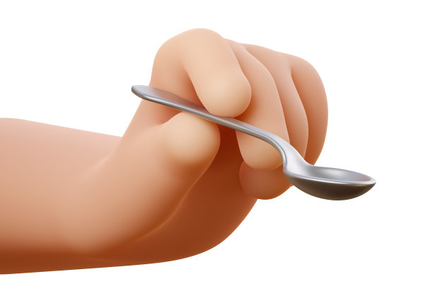 3d左手拿着银汤匙。喂液体食物或服用药物与金属勺子3d渲染插图图片下载